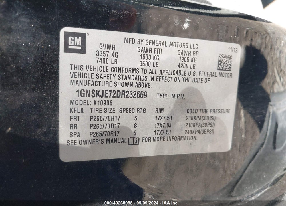 2013 CHEVROLET SUBURBAN 1500 LT VIN: 1GNSKJE72DR232669