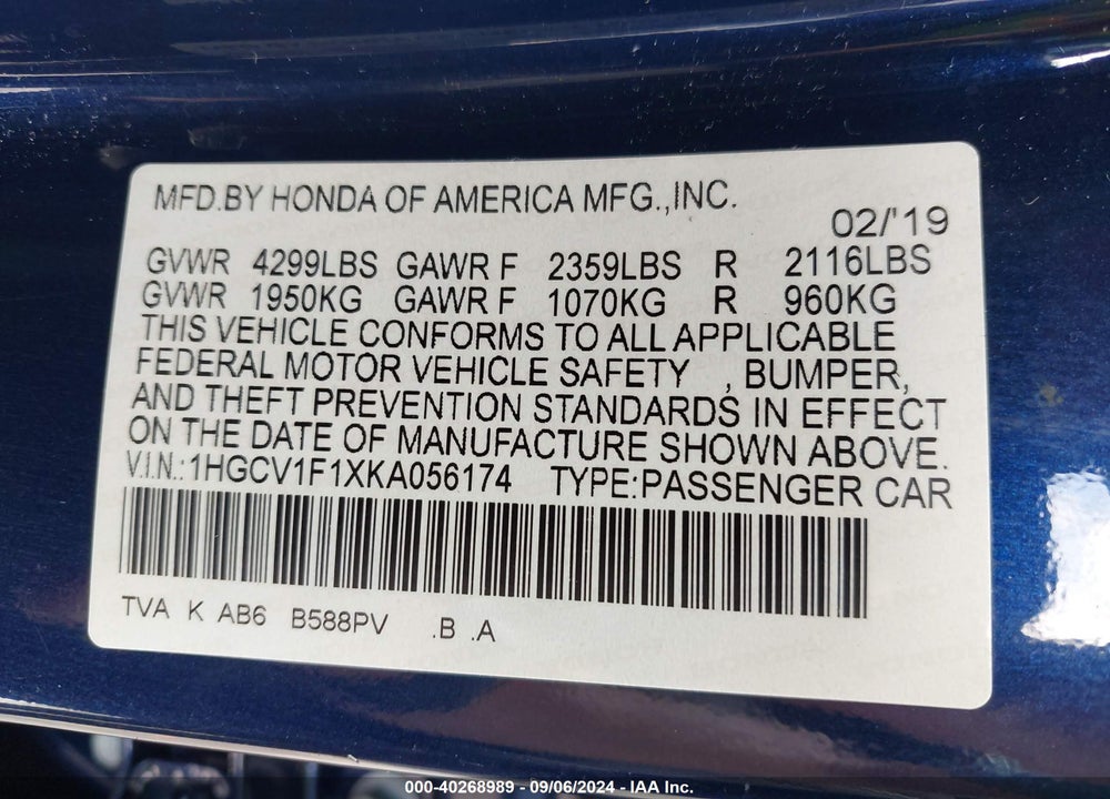 2019 HONDA ACCORD LX VIN: 1HGCV1F1XKA056174