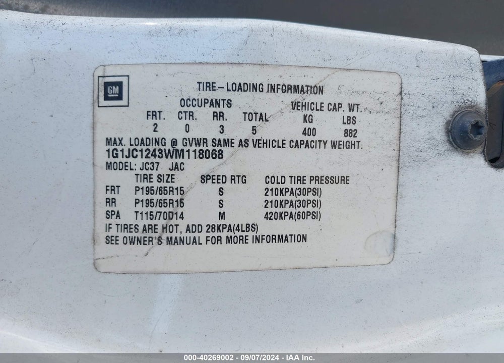 1998 CHEVROLET CAVALIER RS VIN: 1G1JC1243WM118068