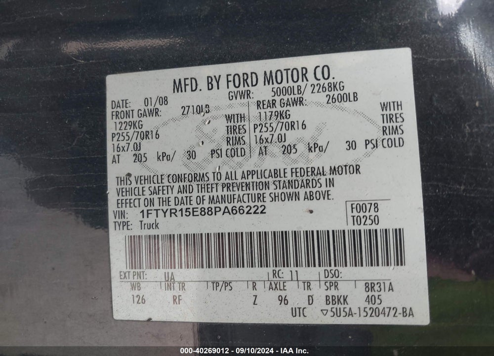2008 FORD RANGER VIN: 1FTYR15E88PA66222