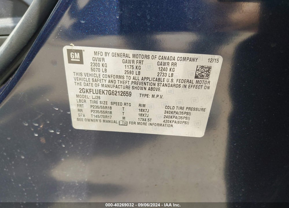 2016 GMC TERRAIN SLT VIN: 2GKFLUEK7G6212659