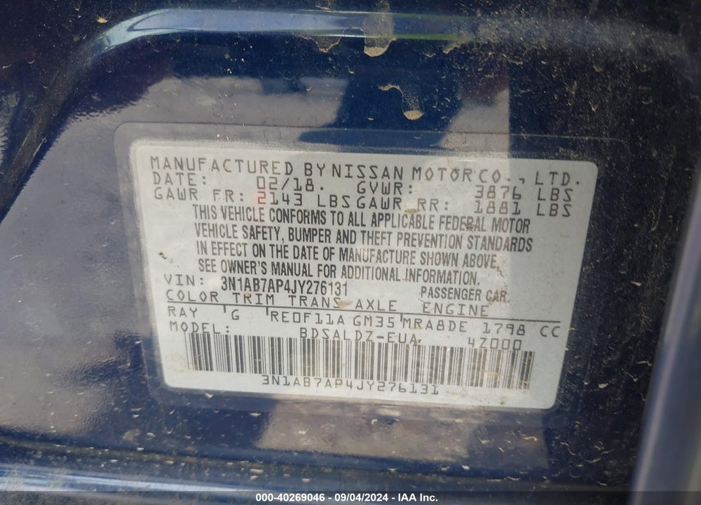 2018 NISSAN SENTRA SV VIN: 3N1AB7AP4JY276131