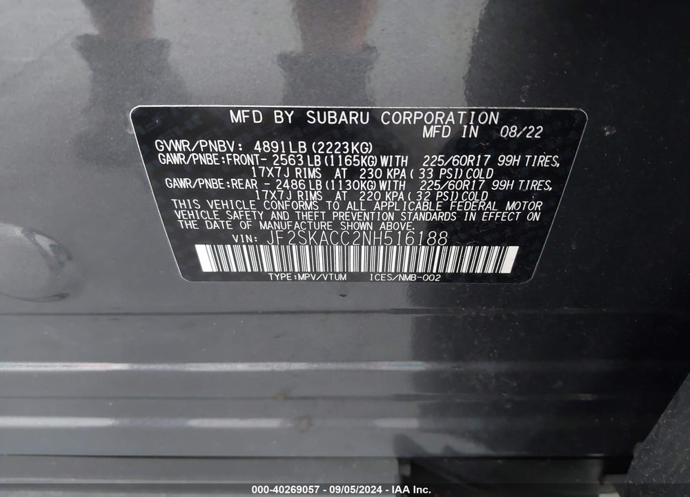 2022 SUBARU FORESTER VIN: JF2SKACC2NH516188