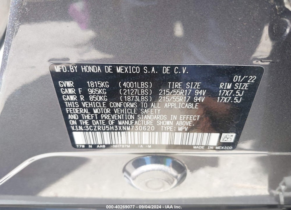 2022 HONDA HR-V 2WD LX VIN: 3CZRU5H3XNM730620