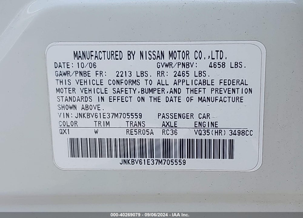 2007 INFINITI G35 SPORT VIN: JNKBV61E37M705559