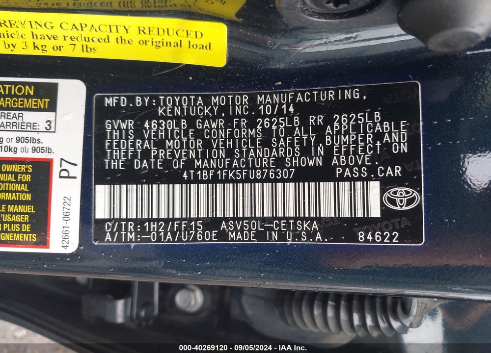 2015 TOYOTA CAMRY SE VIN: 4T1BF1FK5FU876307
