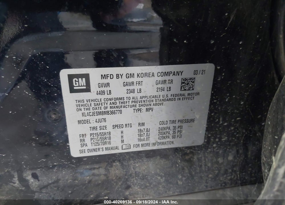 2021 BUICK ENCORE AWD PREFERRED VIN: KL4CJESM8MB366770