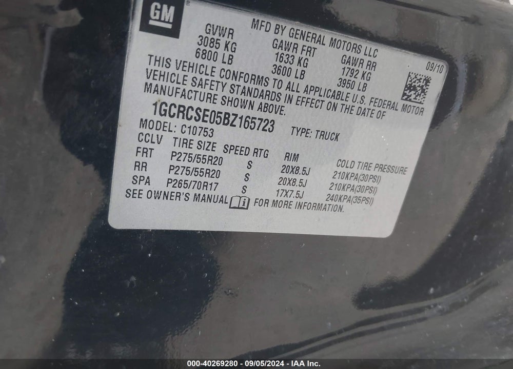 2011 CHEVROLET SILVERADO 1500 VIN: 1GCRCSE05BZ165723