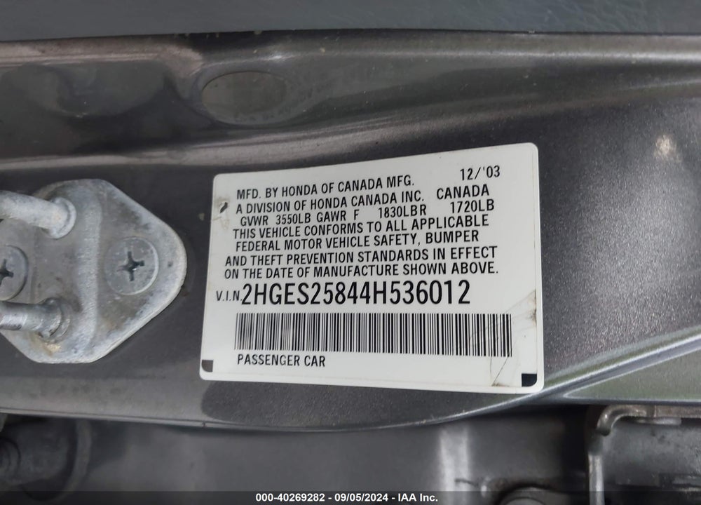2004 HONDA CIVIC EX VIN: 2HGES25844H536012