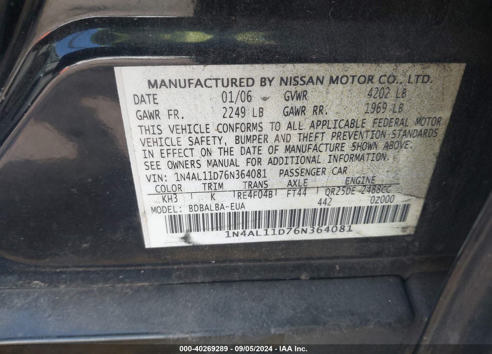 2006 NISSAN ALTIMA 2.5 S VIN: 1N4AL11D76N364081
