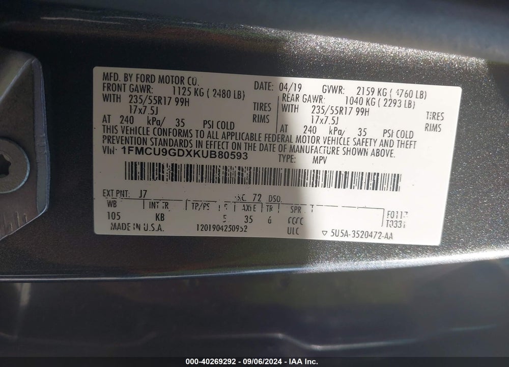 2019 FORD ESCAPE SE VIN: 1FMCU9GDXKUB80593