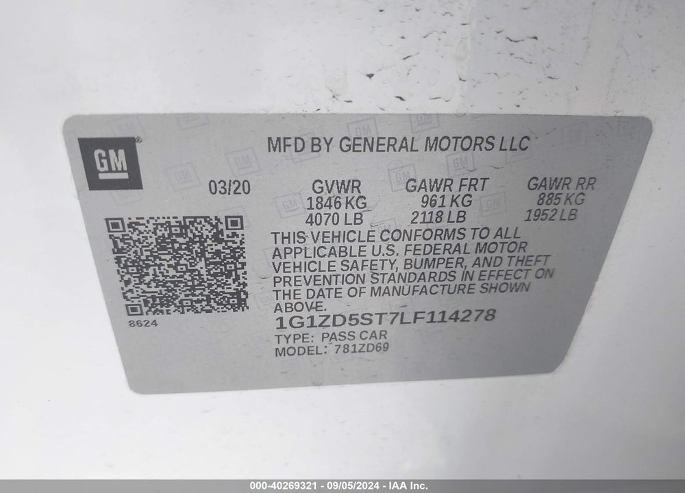 2020 CHEVROLET MALIBU FWD LT VIN: 1G1ZD5ST7LF114278