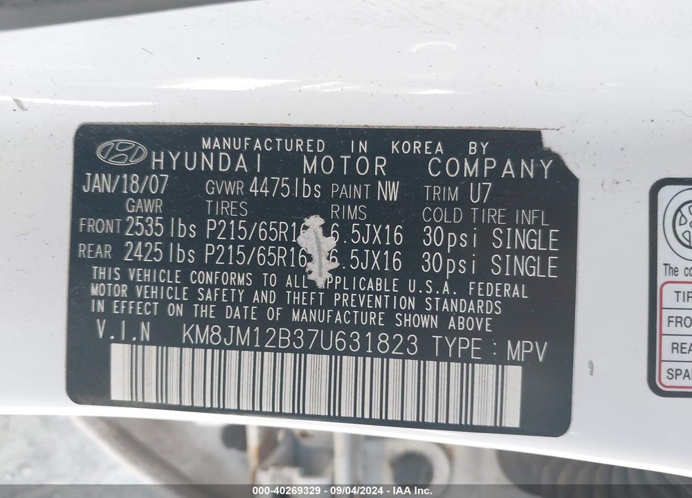 2007 HYUNDAI TUCSON VIN: KM8JM12B37U631823