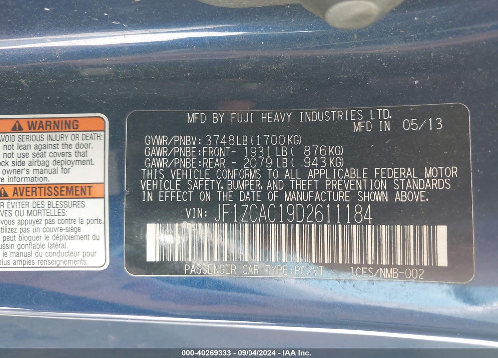 2013 SUBARU BRZ LIMITED VIN: JF1ZCAC19D2611184
