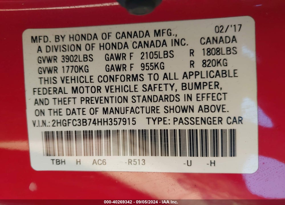 2017 HONDA CIVIC EX-L VIN: 2HGFC3B74HH357915