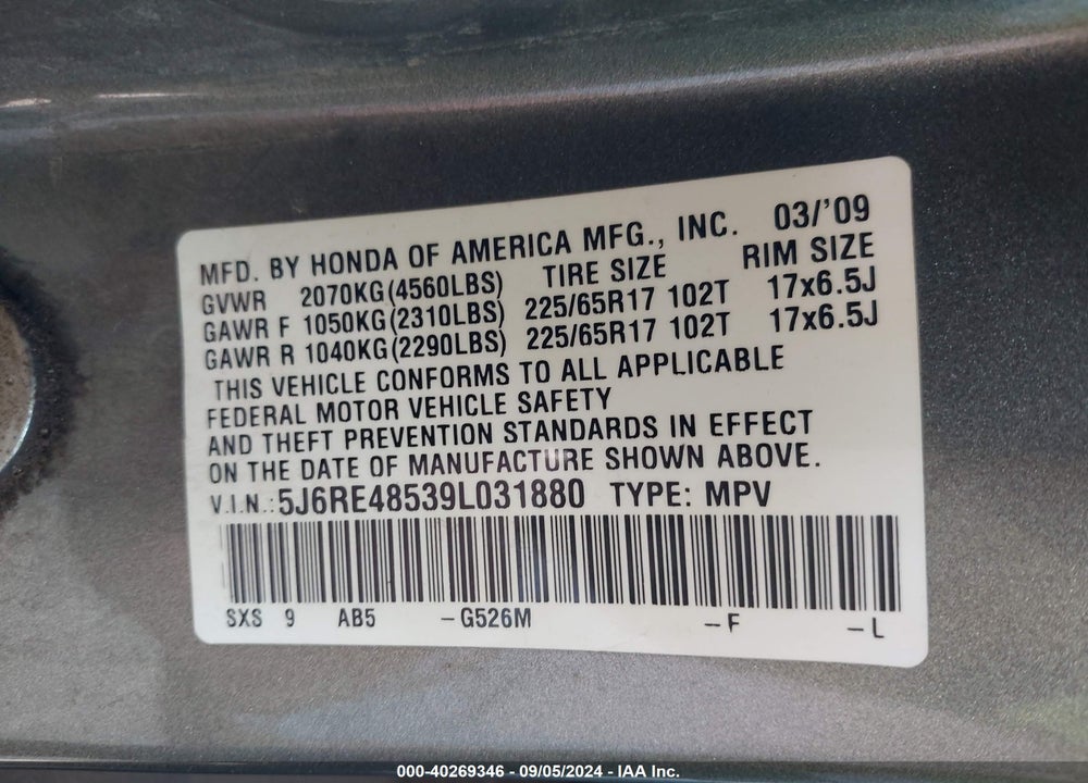 2009 HONDA CR-V EX VIN: 5J6RE48539L031880