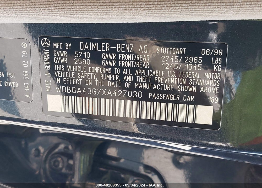 1999 MERCEDES-BENZ S 420 VIN: WDBGA43G7XA427030