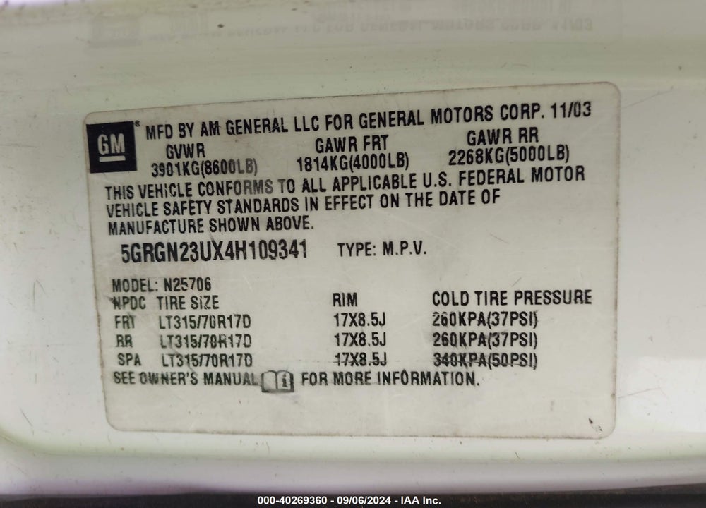 2004 HUMMER H2 VIN: 5GRGN23UX4H109341