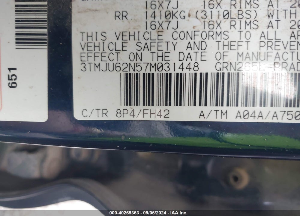 2007 TOYOTA TACOMA PRERUNNER V6 VIN: 3TMJU62N57M031448