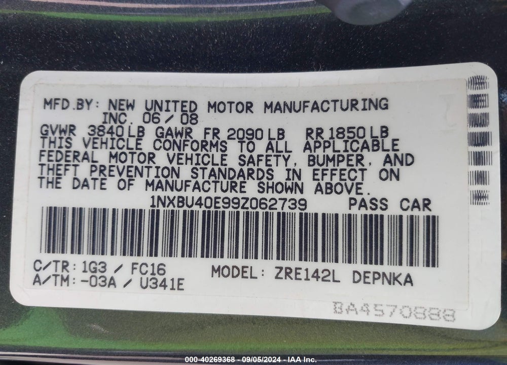 2009 TOYOTA COROLLA LE VIN: 1NXBU40E99Z062739