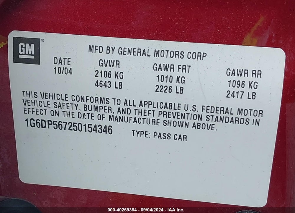 2005 CADILLAC CTS VIN: 1G6DP567250154346