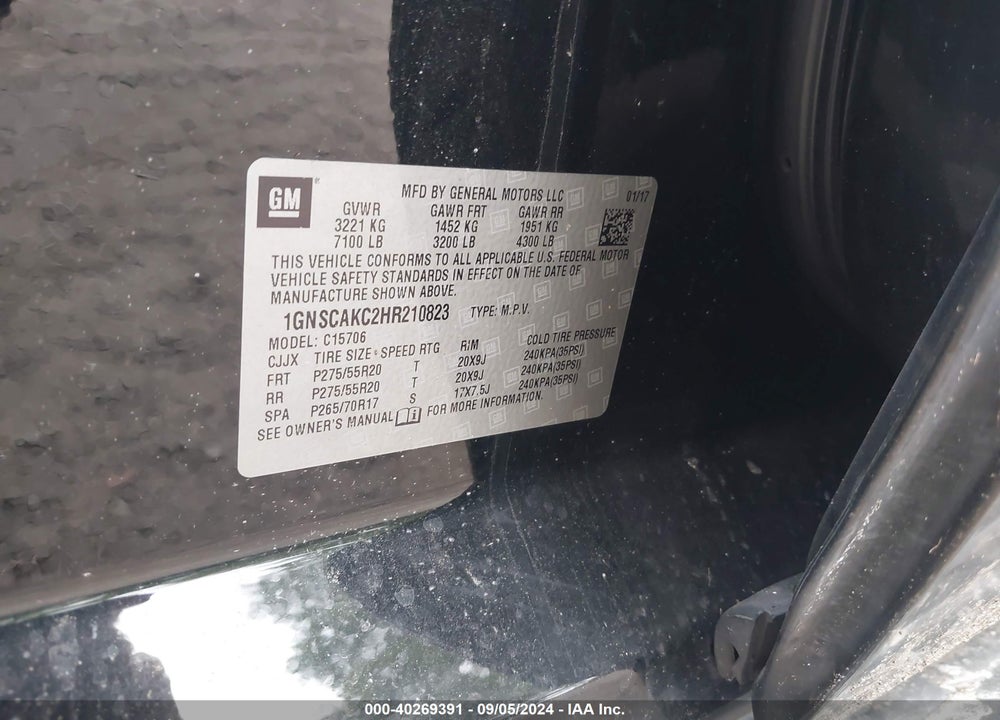 2017 CHEVROLET TAHOE LS VIN: 1GNSCAKC2HR210823