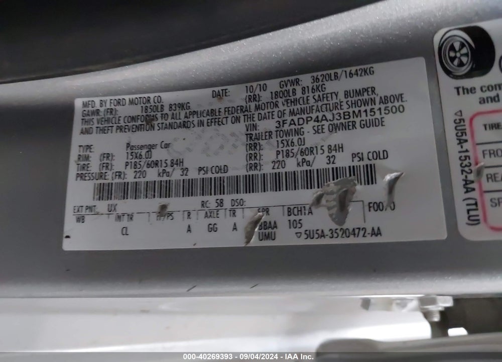 2011 FORD FIESTA S VIN: 3FADP4AJ3BM151500