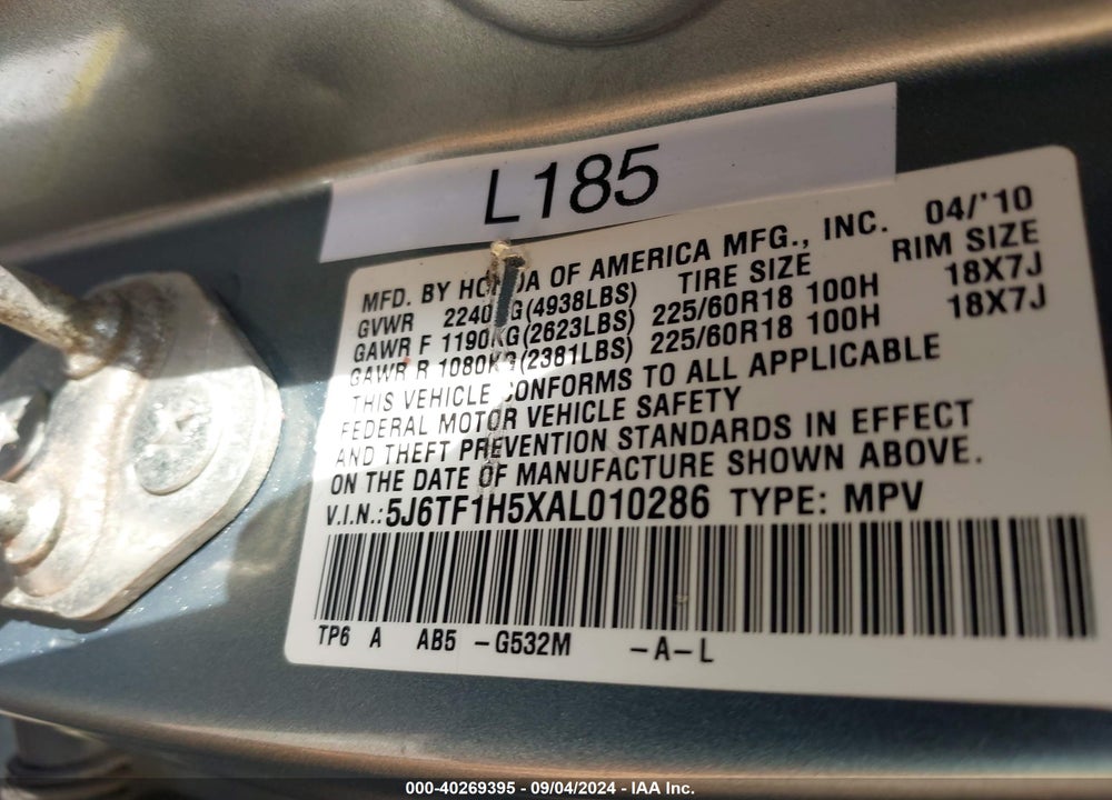 2010 HONDA ACCORD CROSSTOUR EX-L VIN: 5J6TF1H5XAL010286