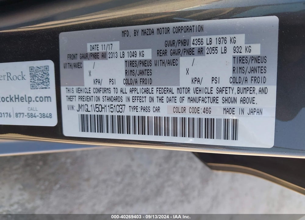 2017 MAZDA 6 TOURING VIN: JM1GL1V50H1151037