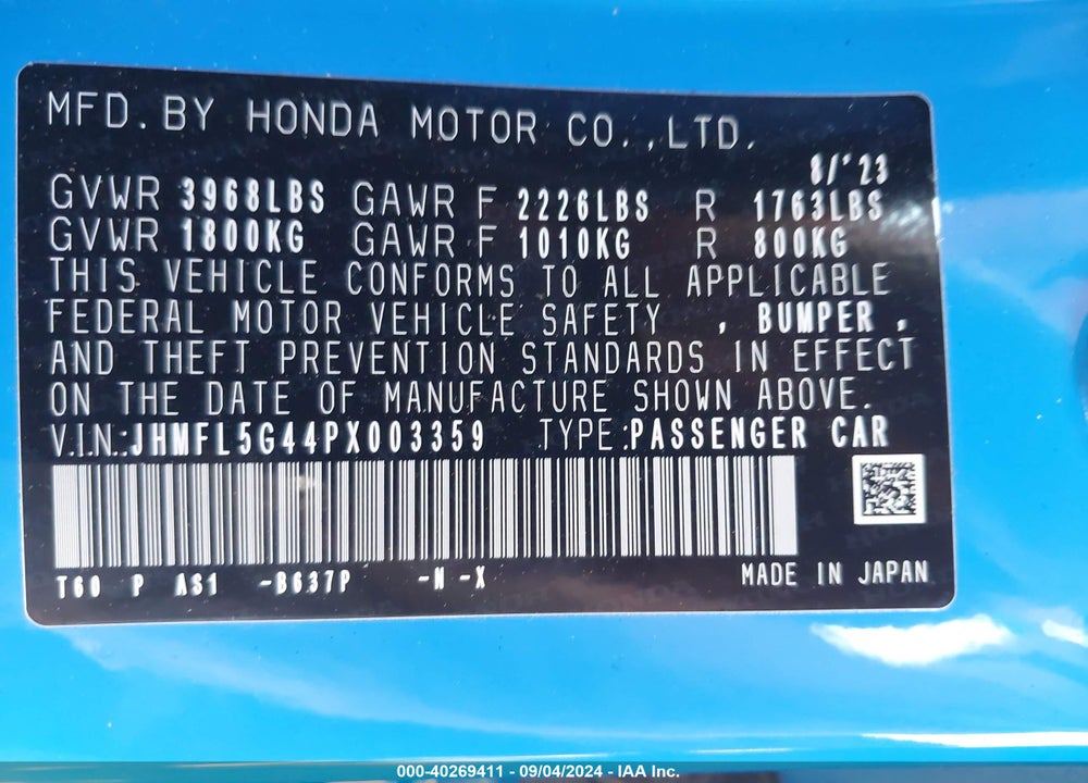 2023 HONDA CIVIC TYPE-R TOURING VIN: JHMFL5G44PX003359