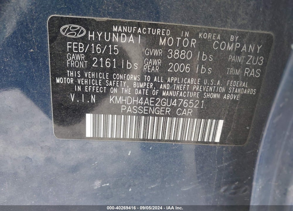 2016 HYUNDAI ELANTRA SE VIN: KMHDH4AE2GU476521