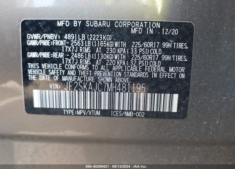 2021 SUBARU FORESTER PREMIUM VIN: JF2SKAJC7MH481195