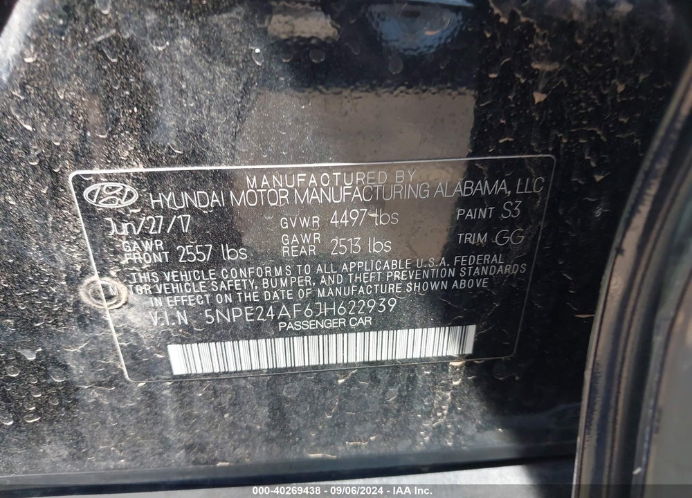2018 HYUNDAI SONATA SE VIN: 5NPE24AF6JH622939