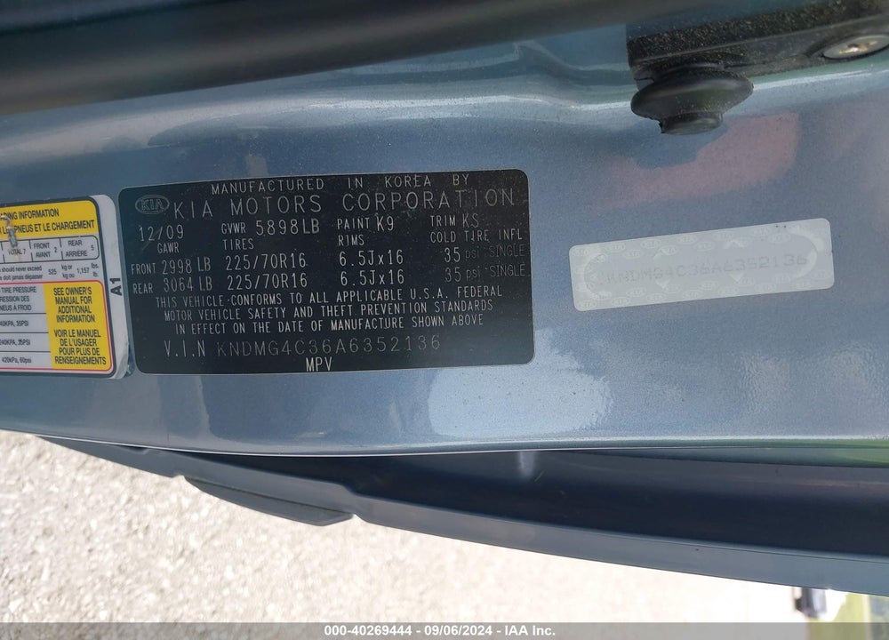 2010 KIA SEDONA LX VIN: KNDMG4C36A6352136