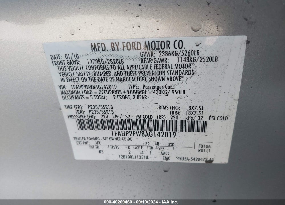 2010 FORD TAURUS SEL VIN: 1FAHP2EW8AG142019