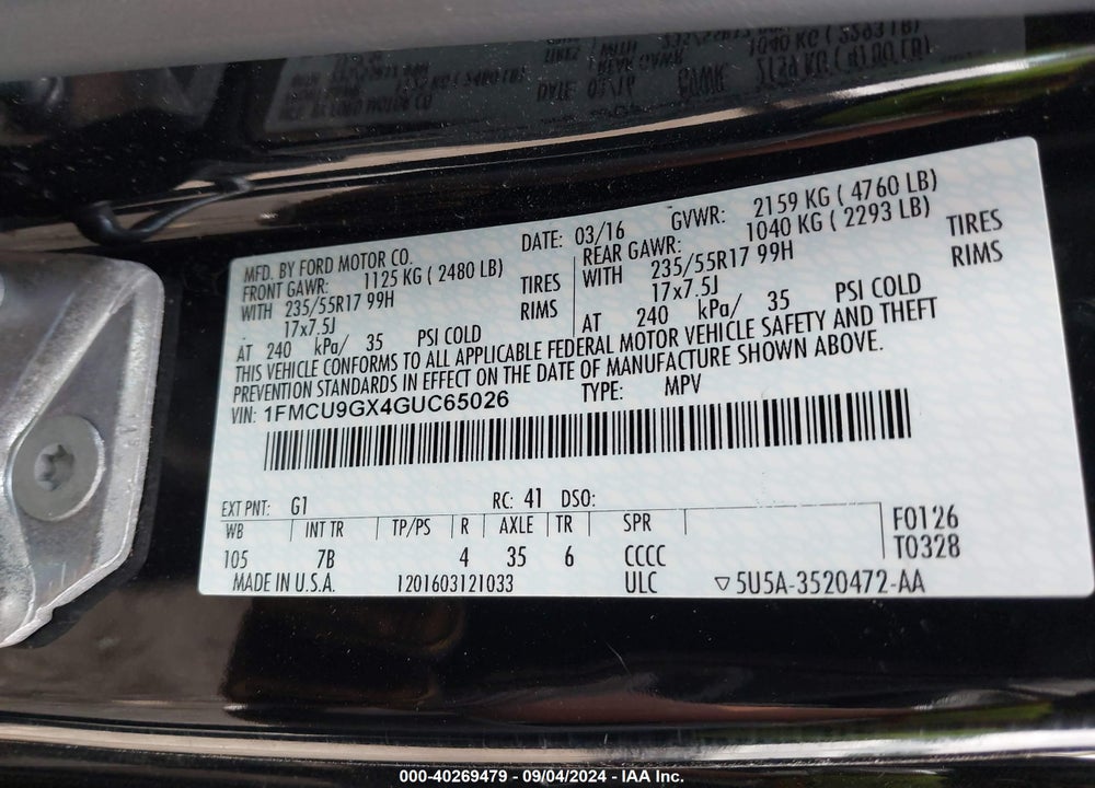 2016 FORD ESCAPE VIN: 1FMCU9GX4GUC65026