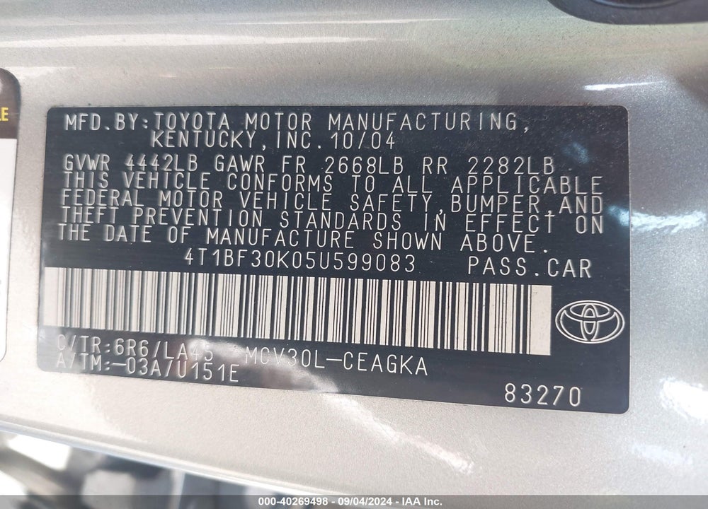 2005 TOYOTA CAMRY XLE V6 VIN: 4T1BF30K05U599083