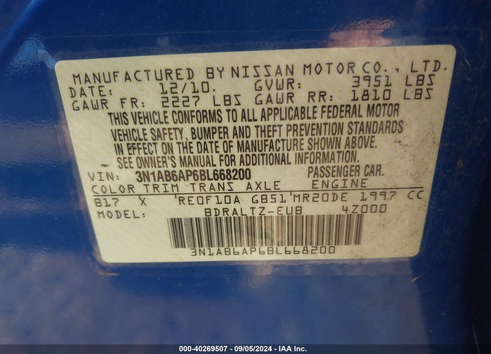 2011 NISSAN SENTRA 2.0/2.0S/2.0SL/2.0SR VIN: 3N1AB6AP6BL668200