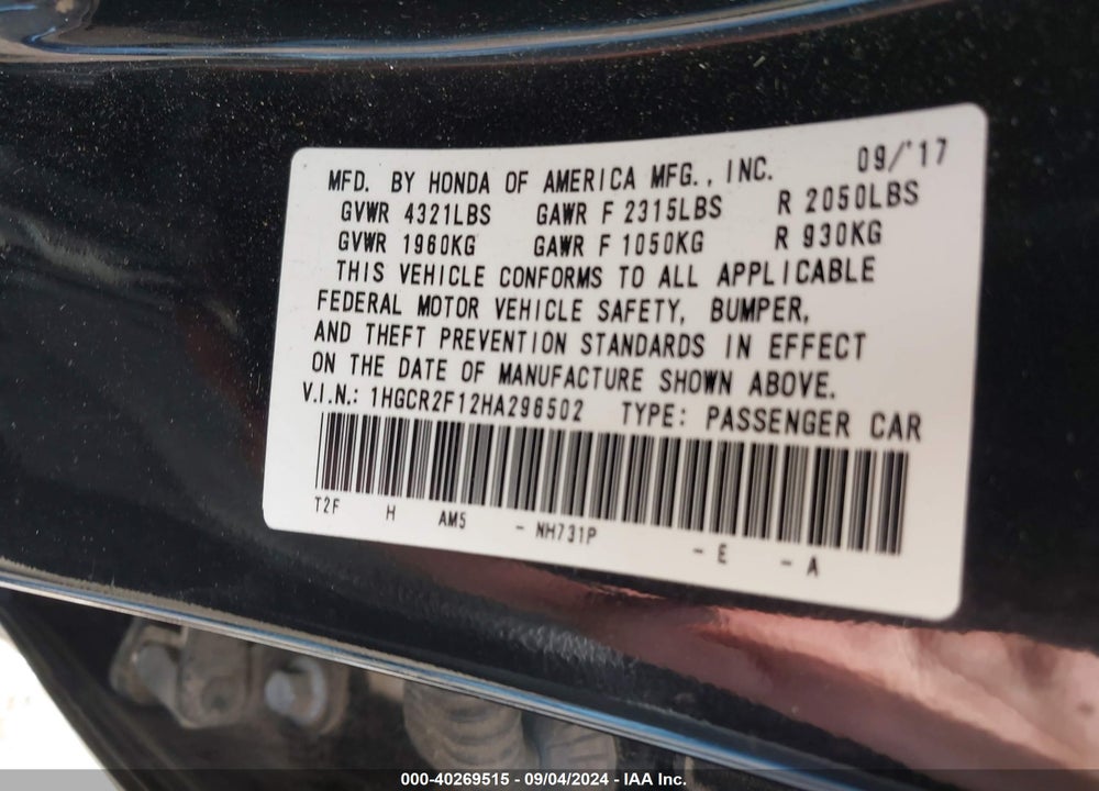 2017 HONDA ACCORD SPORT SE VIN: 1HGCR2F12HA296502