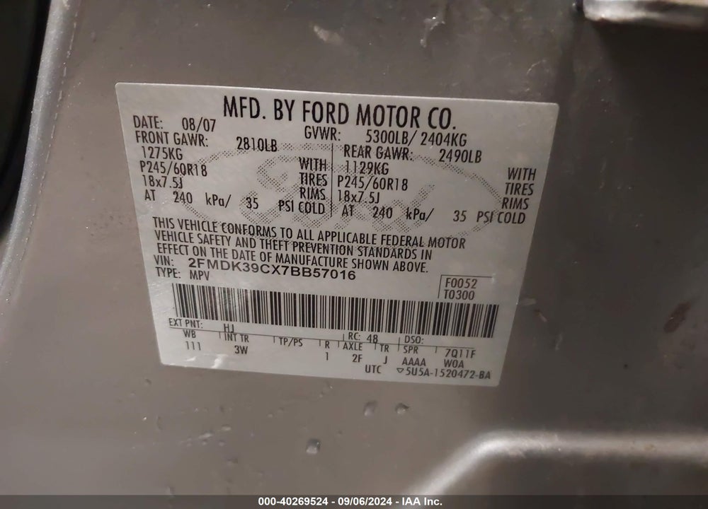 2007 FORD EDGE SEL PLUS VIN: 2FMDK39CX7BB57016
