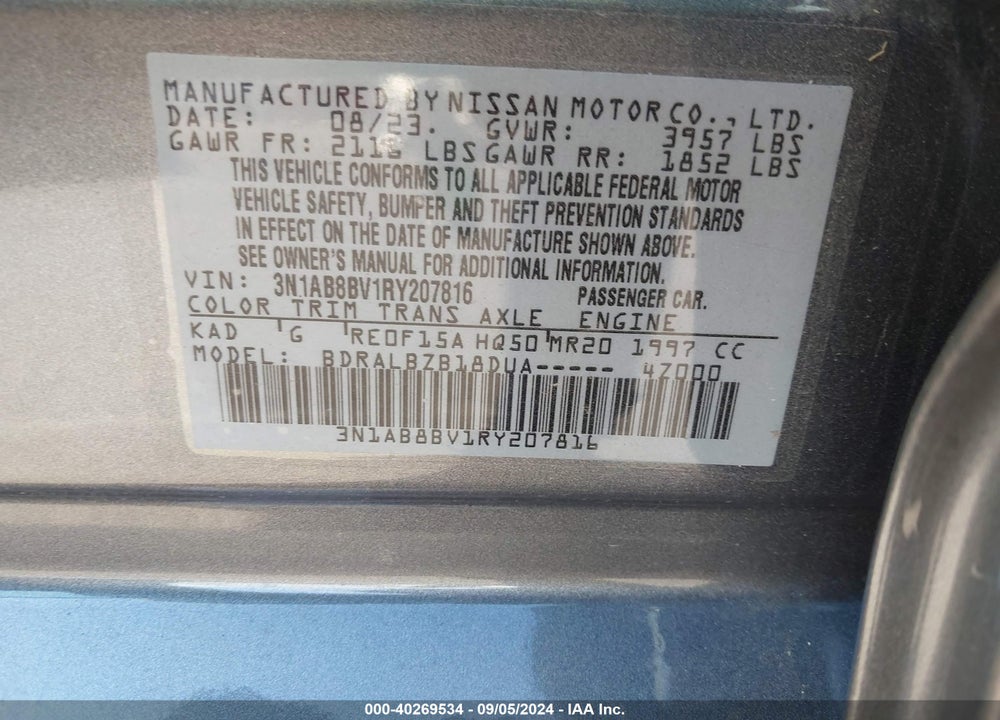 2024 NISSAN SENTRA S XTRONIC CVT VIN: 3N1AB8BV1RY207816