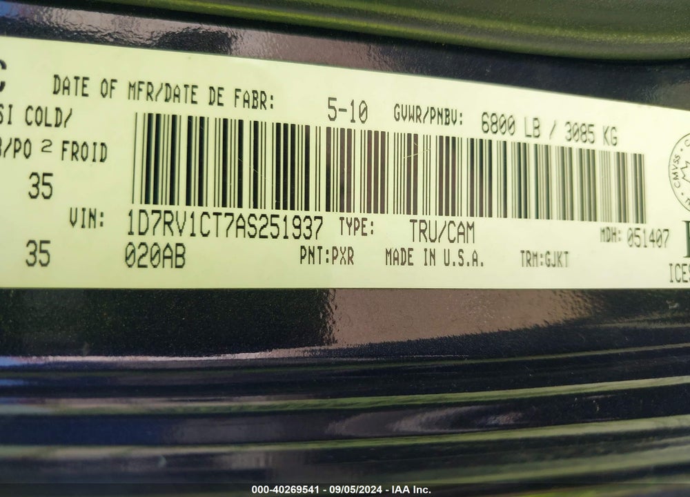 2010 DODGE RAM 1500 LARAMIE VIN: 1D7RV1CT7AS251937