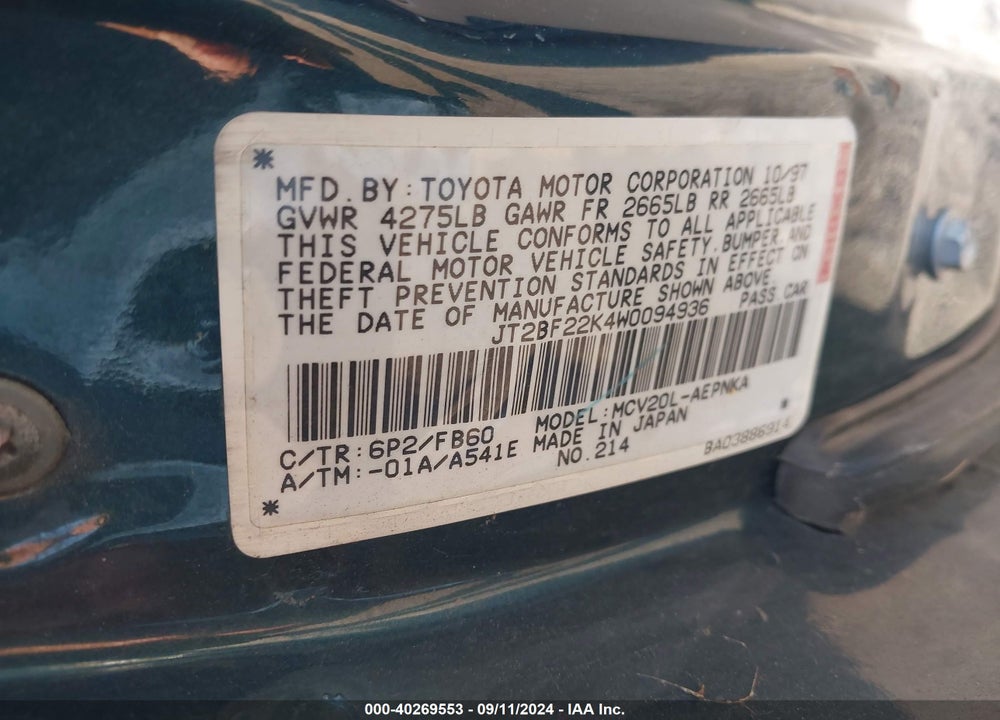 1998 TOYOTA CAMRY LE V6 VIN: JT2BF22K4W0094936