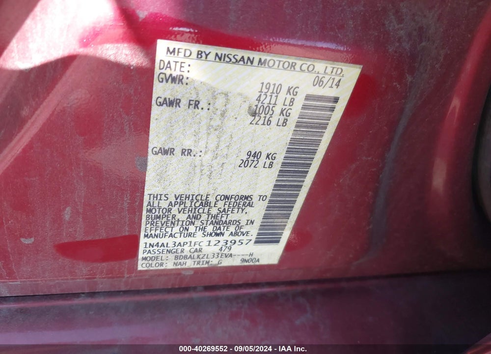 2015 NISSAN ALTIMA 2.5 SV VIN: 1N4AL3AP1FC123957