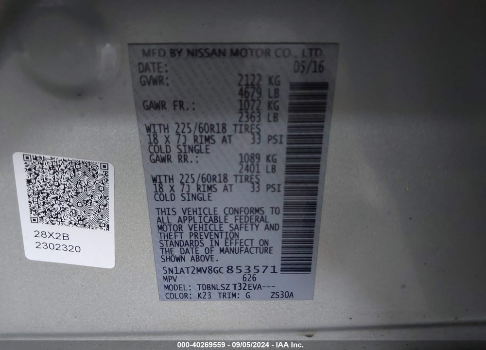 2016 NISSAN ROGUE SL VIN: 5N1AT2MV8GC853571