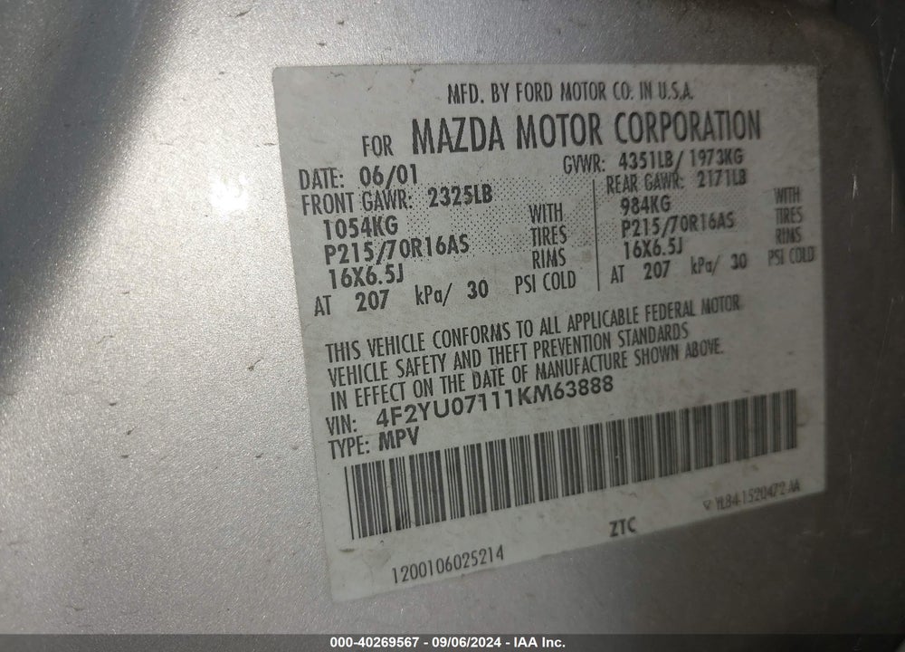 2001 MAZDA TRIBUTE DX V6 VIN: 4F2YU07111KM63888
