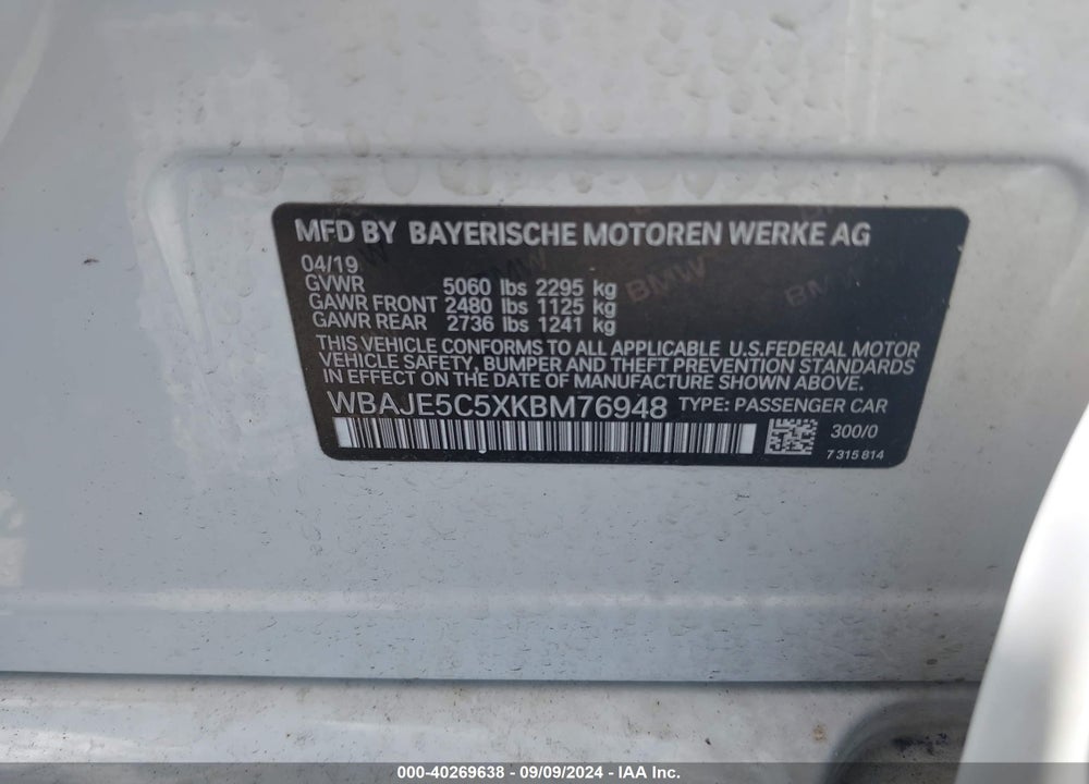 2019 BMW 540I VIN: WBAJE5C5XKBM76948