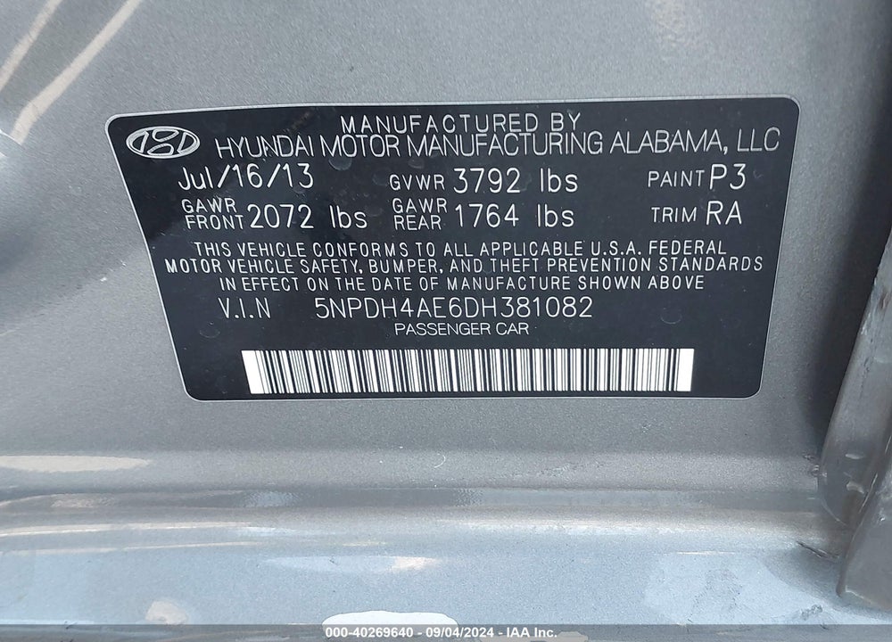 2013 HYUNDAI ELANTRA GLS VIN: 5NPDH4AE6DH381082