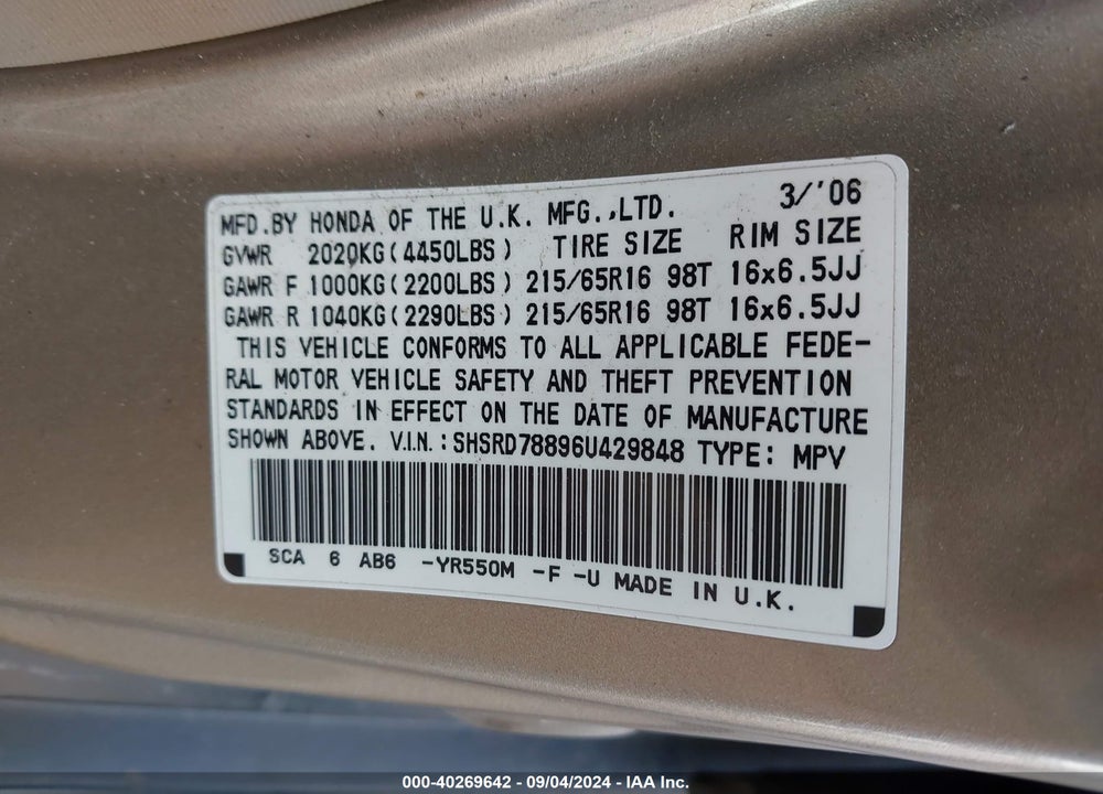 2006 HONDA CR-V EX VIN: SHSRD78896U429848