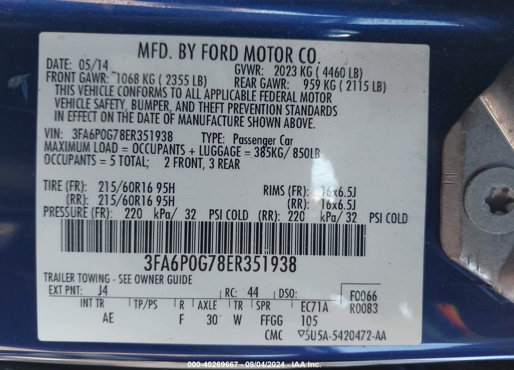 2014 FORD FUSION S VIN: 3FA6P0G78ER351938
